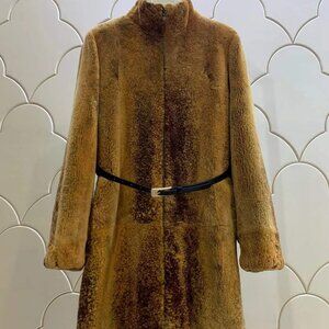New Real Sheared MINK Fur Coat Jacket Stroller Belted Brown Camel Caramel No Fox